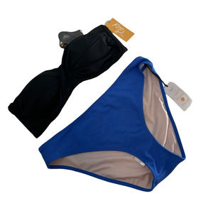 Kona Sol Black Molded Bandeau Bikini Top & Blue Medium Coverage Hipster Bottoms